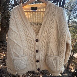 Vintage Cable Knit Button-Front Cardigan in Cream with weavings on back